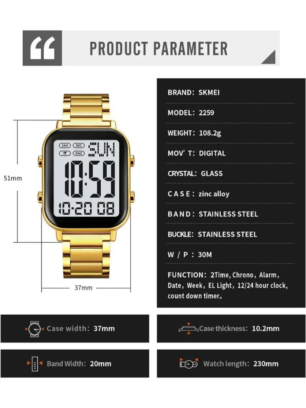 Unisex Gold Analog Stainless Steel Waterproof Electronic Square Digital Watch